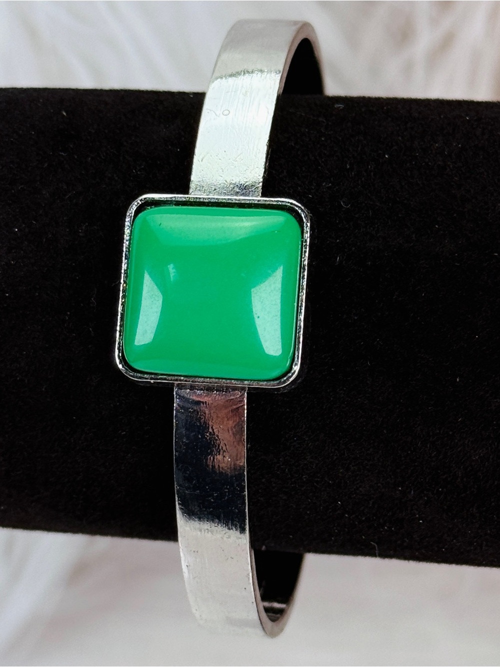 Silvertone Green Accent Cuff  Bracelet